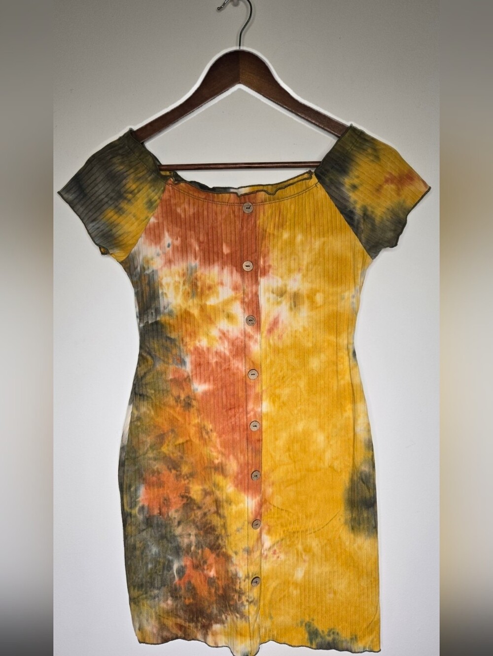 Derek Heart Tie Dye Ribbed Bodycon Dress Button Front Off /ON Shoulder Mini -S